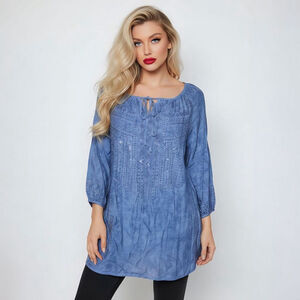 Tantrums XL Blue 3/4 Sleeve Tie Front Embellished Blouse Top